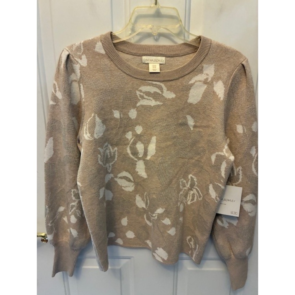 Cynthia Rowley Sweater Women Med Taupe NWT Floral Metallic Puff Sleeve Wristlet